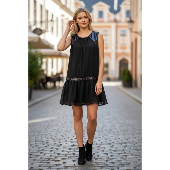 Esprit Dresses & Skirts - Vintage Esprit Dress US 12 Black Chiffon Short Drop Waist Flapper 20s Y2K